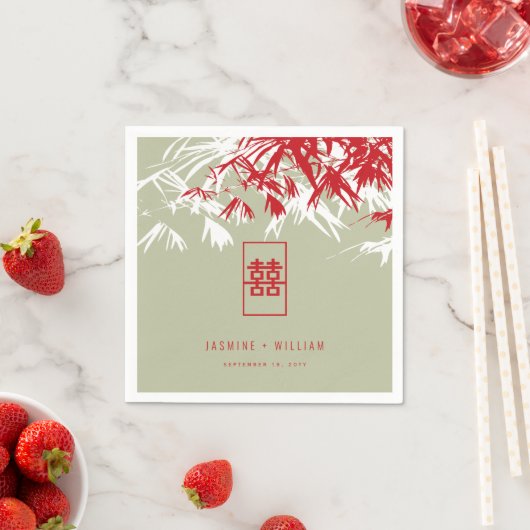 Red/Moss Bamboo Blätter Double Xi Chinese Wedding Serviette (Beispiel)