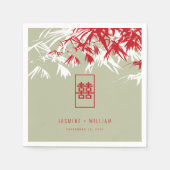 Red/Moss Bamboo Blätter Double Xi Chinese Wedding Serviette (Vorderseite)