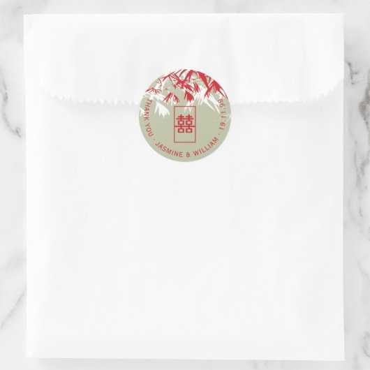 Red & Moss Bamboo Blätter Shuang Xi Chinese Weddin Runder Aufkleber (Tasche)