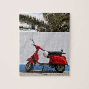 Red motor scooter by wall, Stromboli Island, Puzzle