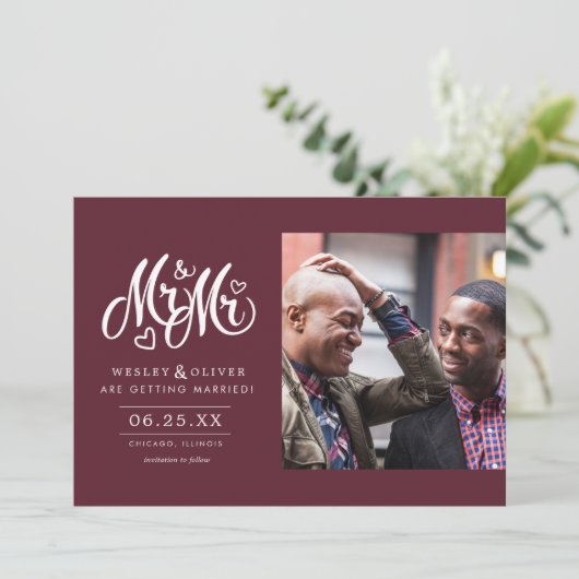 Red Mr. & Mr. Script - Save the Date mit Foto (Stehend Vorderseite)