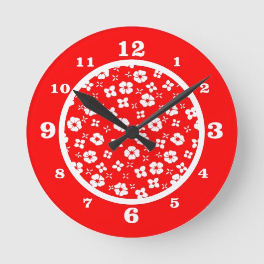 Red n White Flowers Runde Wanduhr (Vorderseite)