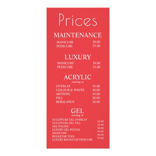 Red Nail Salon Manicure Pedicure Price List Werbekarte (Vorne)