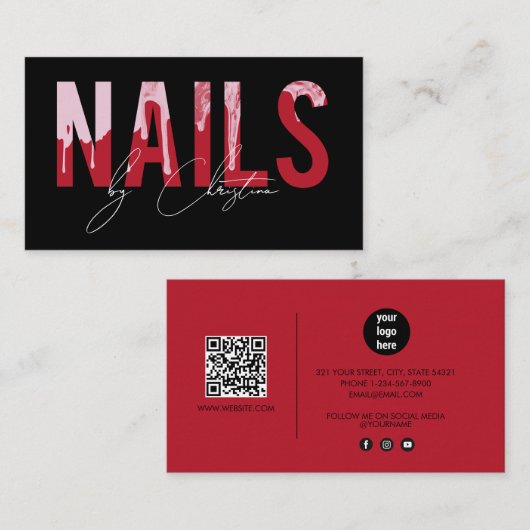 Red Nails Tropfen Nail Art Manicure QR Code Visitenkarte (Vorne/Hinten)