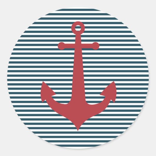 Red nautical anchor on striped blue background runder aufkleber (Vorderseite)