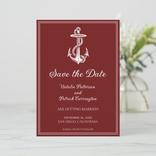 Red Nautical Anchor Save the Date einladen Einladung (Stehend Vorderseite)
