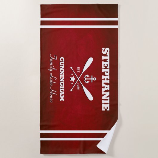 Red Nautical Theme Strip Beach Handtuch (Vorderseite)