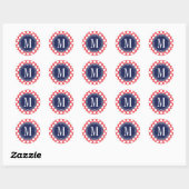 Red & Navy| Big Polka Dots Mit Monogramm Runder Aufkleber (Blatt)