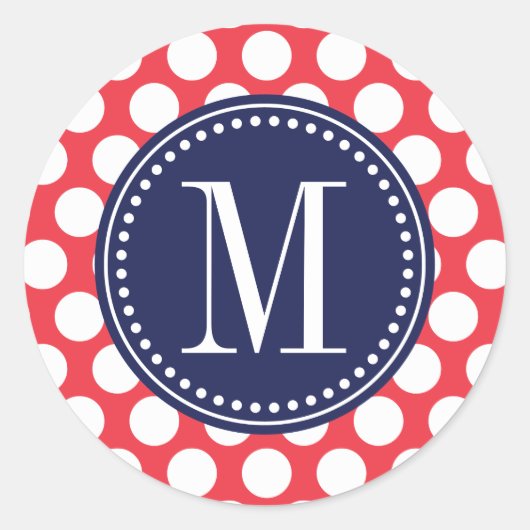Red & Navy| Big Polka Dots Mit Monogramm Runder Aufkleber (Vorderseite)