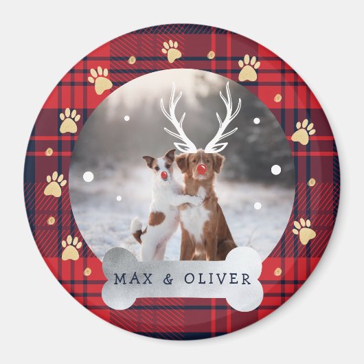 Red & Navy Blue Kariert & Gold Paw Print Pet Foto Magnet (Vorne)