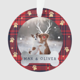 Red & Navy Blue Kariert & Gold Paw Print Pet Foto Ornament