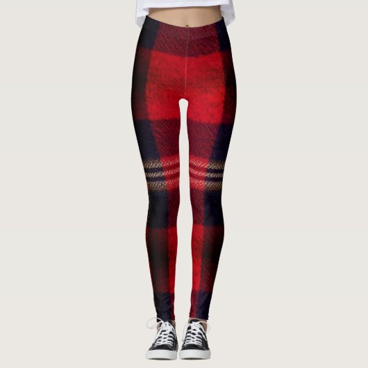 Red Navy Buffalo Plaid Flannel Tartan Leggings (Vorderseite)