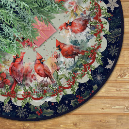 Red navy festive cardinals floral christmas custom polyester weihnachtsbaumdecke
