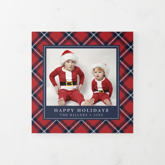 Red Navy Tartan Kariert Weihnachten Trifold Fotoka Dreifach Gefaltete Urlaubskarte (Cover)