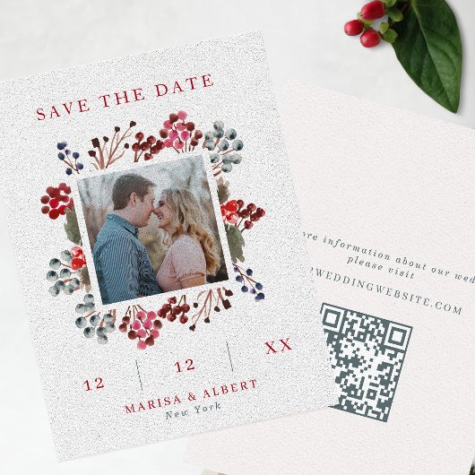 Red & Navy Winter Berries Foto & QR Code Wedding Save The Date