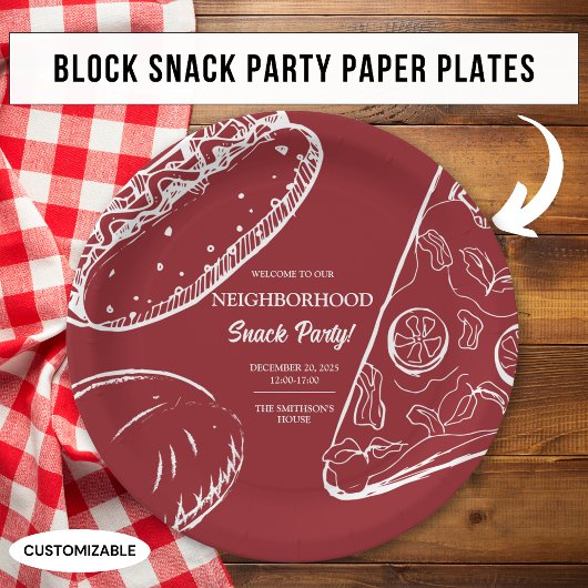 Red Neighborhood Fun Block Snack Food Party Pappteller