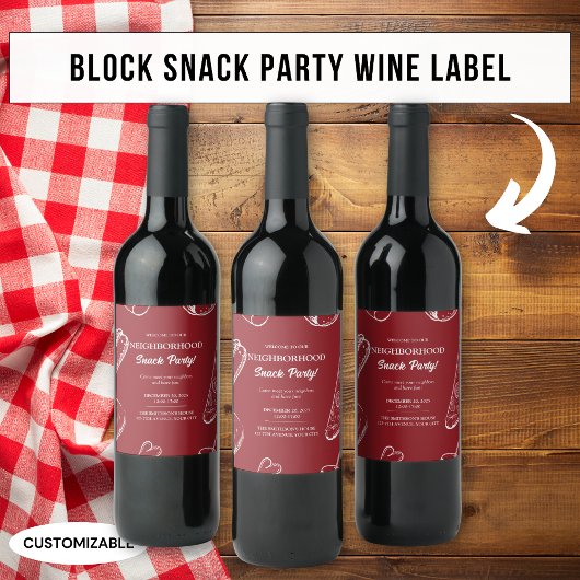 Red Neighborhood Fun Block Snack Food Party Weinetikett