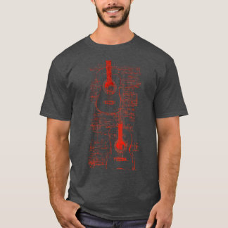 Red Neon Acoustic Guitar Da Vinci Blueprint T-Shirt
