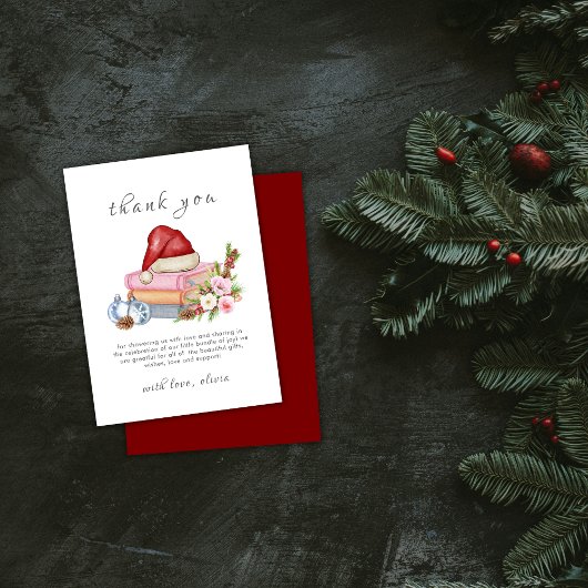 Red New Chapter Begins Winter Floral Baby Shower  Dankeskarte