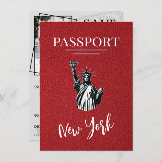 Red New York City Passport Save the Date (Vorne/Hinten)