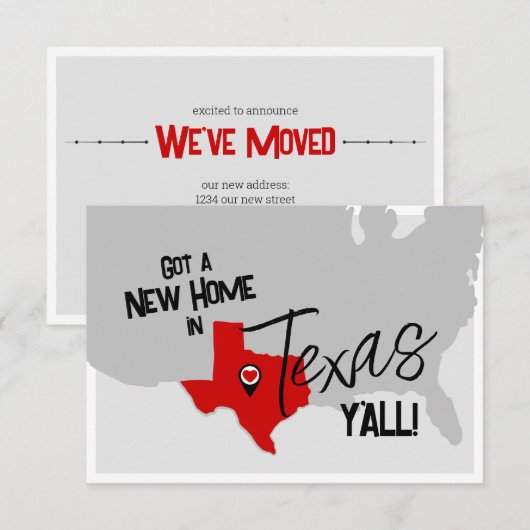 Red New Zuhause in Texas Y'all Moving Ankündigung (Vorne/Hinten)