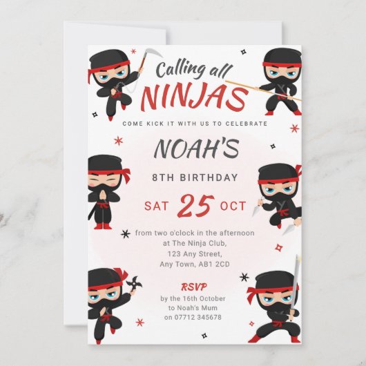 Red Ninja Birthday Invitation - Karate Party Einladung (Vorderseite)