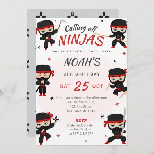 Red Ninja Birthday Invitation - Karate Party Einladung (Vorne/Hinten)