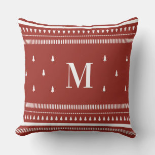 Red Nordic Christmas Trees & Monogram Kissen