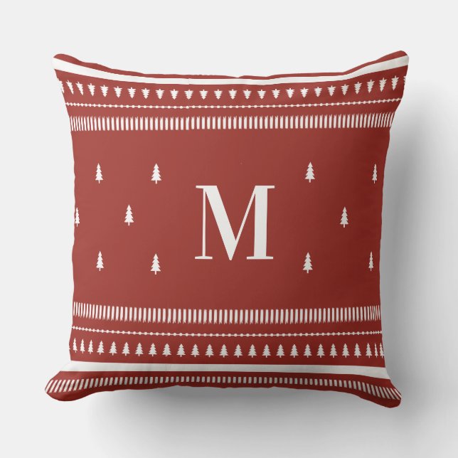 Red Nordic Christmas Trees & Monogram Kissen (Vorderseite)