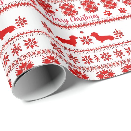 Red Nordic Dachshund Dog Christmas Geschenkpapier (Rolleneckpunkt)