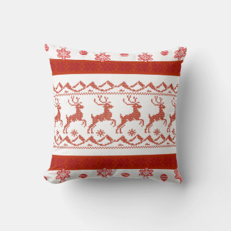 Red Nordic Reindeer Knit Pattern Christmas Pillow Kissen