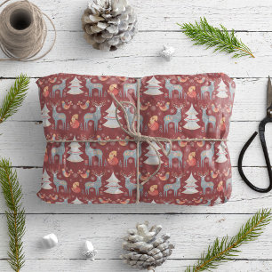 Red Nordic Rentier Weihnachtsbaum Geschenkpapier