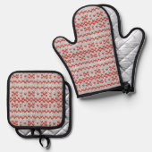 RED NORDIC STRICK Oven Mitt & Pot Holder Set (Vorderseite/Rückseite)