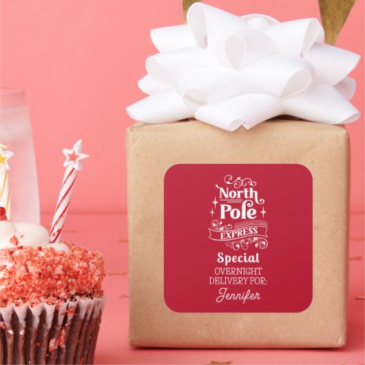 Red North Pole Special Übernachtung LIEFERUNG FÜR Quadratischer Aufkleber (Party)