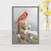 Red Northern Kardinal Bird auf dem Zaun Wasserfarb Karte (Gelbe Blume)