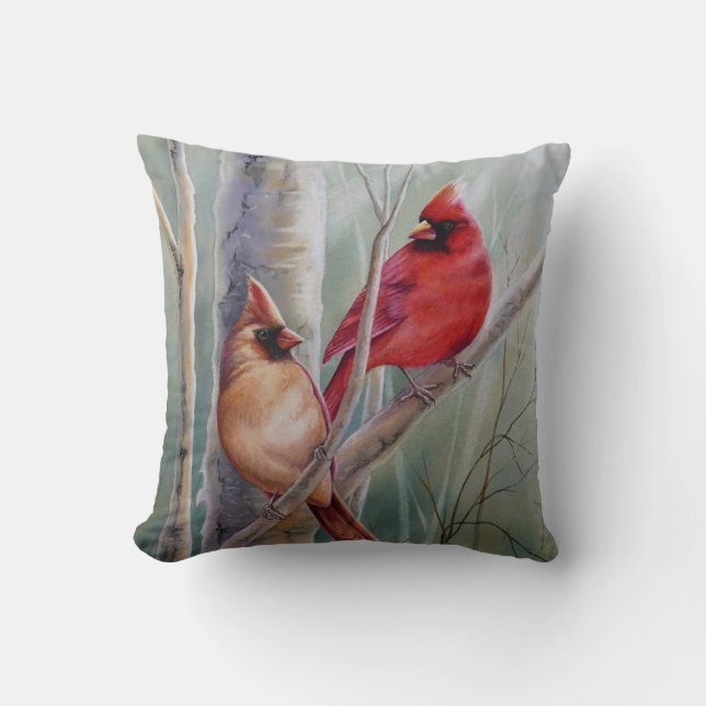 "Red Northern Kardinal Bird Pair Watercolor Art Kissen (Vorderseite)