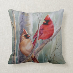 "Red Northern Kardinal Bird Pair Watercolor Art Kissen