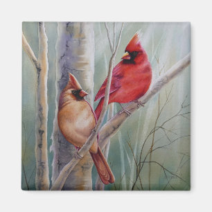Red Northern Kardinal Bird Pair Watercolor Art Magnet