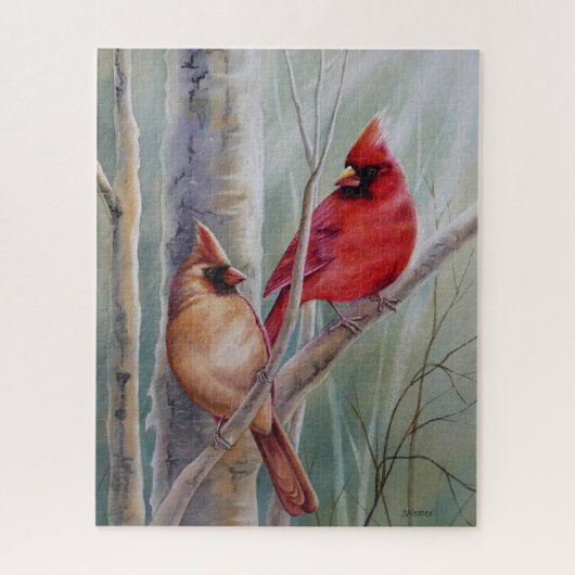 Red Northern Kardinal Bird Pair Watercolor Art Puzzle (Vertikal)