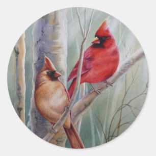 Red Northern Kardinal Bird Pair Watercolor Art Runder Aufkleber