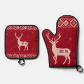 Red Norwegian Knit w/ Deer, Oven Mitt & Pot Holder Ofenhandschuh & Topflappen-Set (Vorderseite)