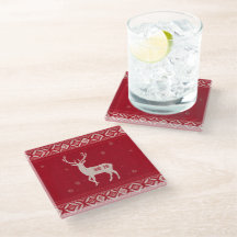 Red Norwegian Knit with Deer, Glass Coaster