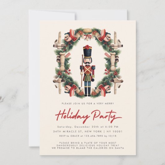 Red Nutcracker Wreath Christmas Party Einladung (Vorderseite)