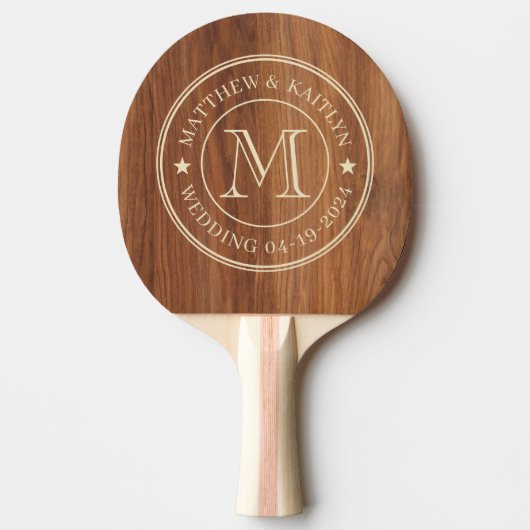 Red Oak Wood Wedding Monogram Star Tischtennis Schläger (Vorderseite)