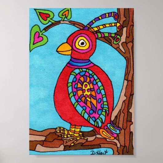 Red Oaxacan Bird Mini Mexikanische Volkskunst Poster (Vorne)