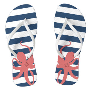 Red Octopus Modern Beach White Navy Blau Streifen Badesandalen