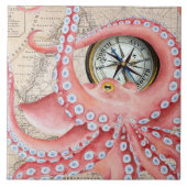 Red Octopus Vintag Map Compass Fliese (Vorderseite)