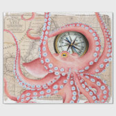 Red Octopus Vintag Map Compass Geschenkpapier (Flach)