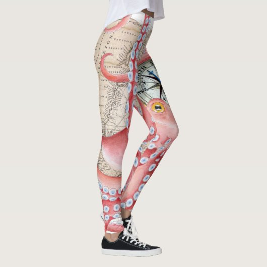 Red Octopus Vintag Map Compass Leggings (Rechts)
