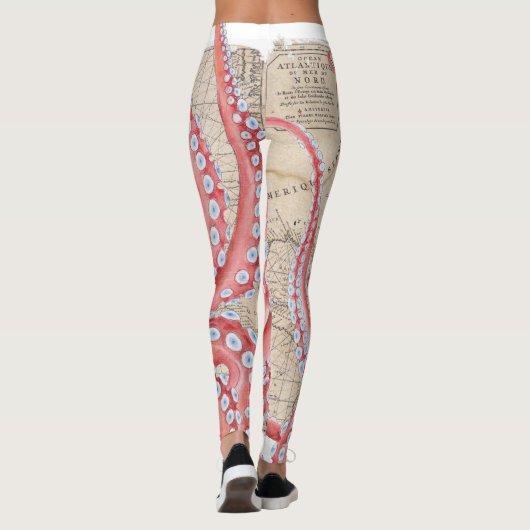 Red Octopus Vintag Map Compass Leggings (Rückseite)